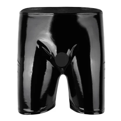 Glossy Black Slim-fit Open Crotch Shorts
